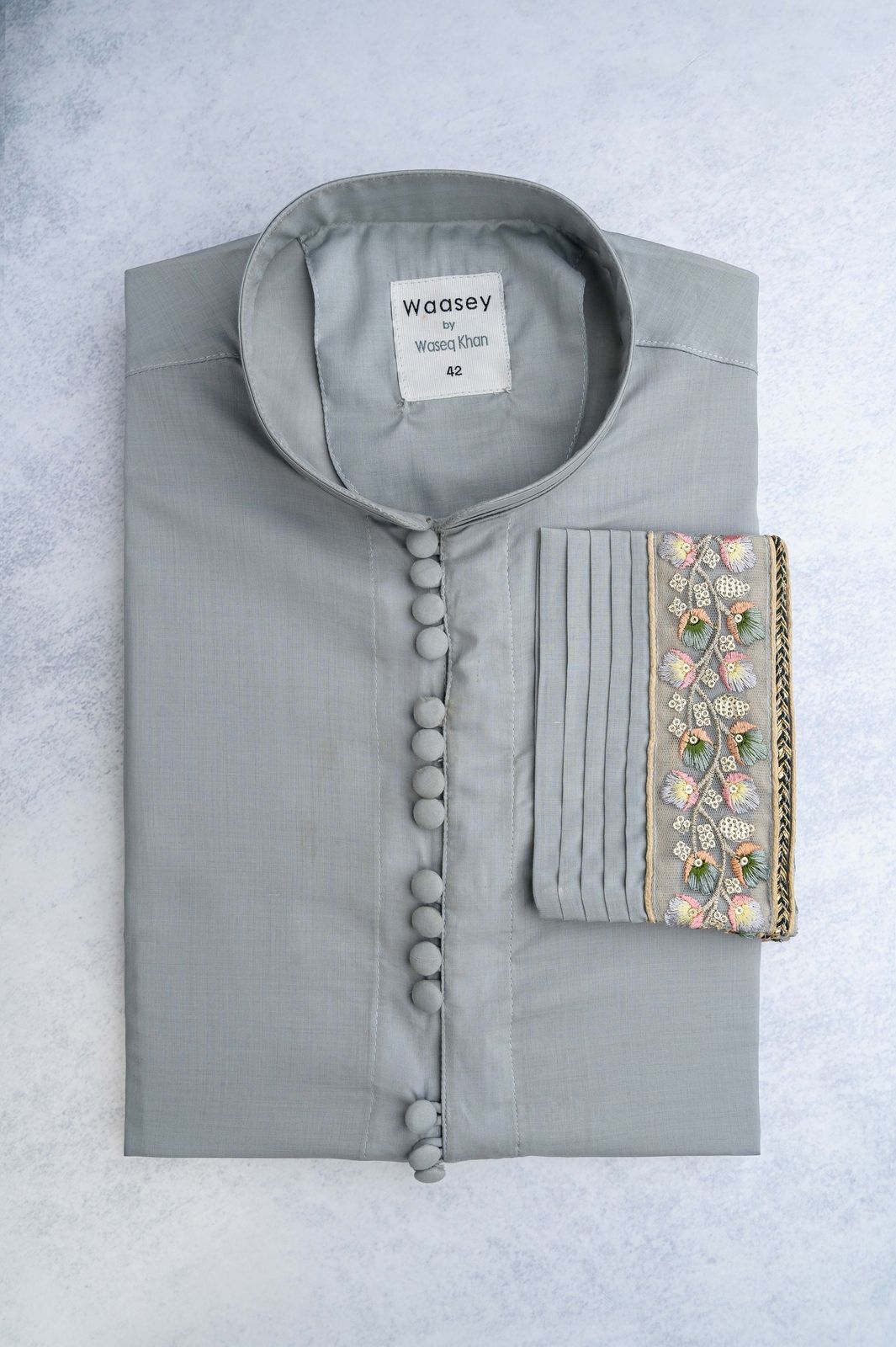 Classic Grey Panjabi with Floral Embroidery