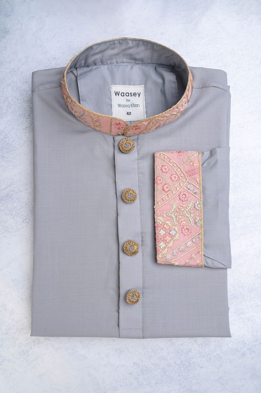 Grey Panjabi with Embroidered Collar & Pocket Accent