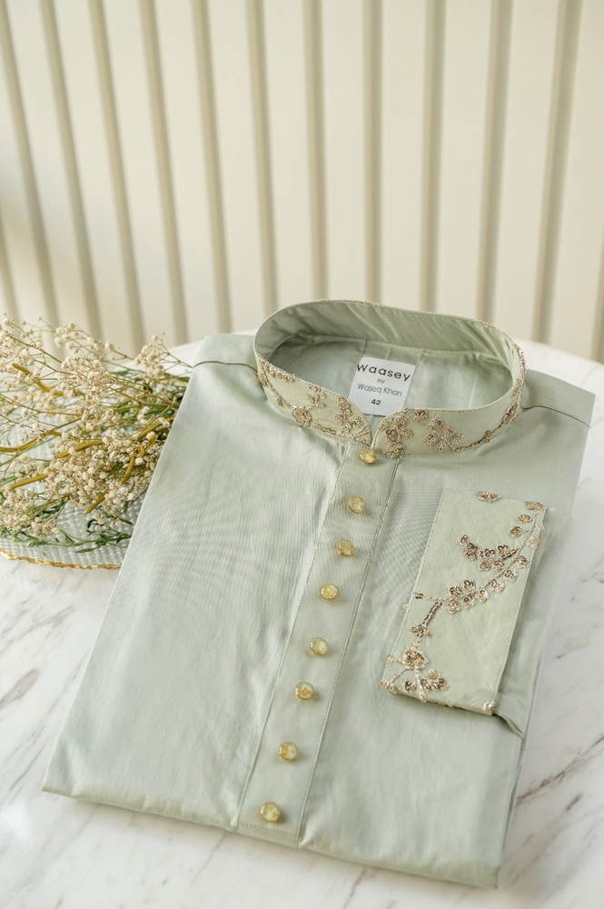Mint Green Panjabi with Gold Embroidered Vines