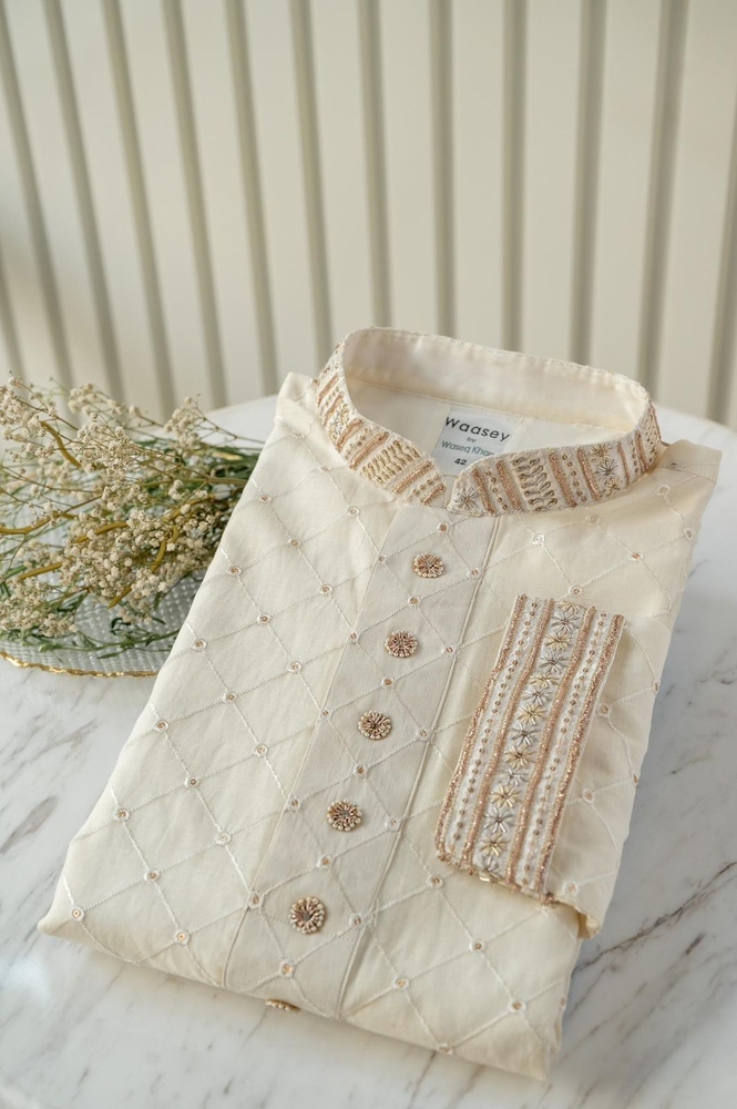 Off-white Panjabi with Quilted Embroidery