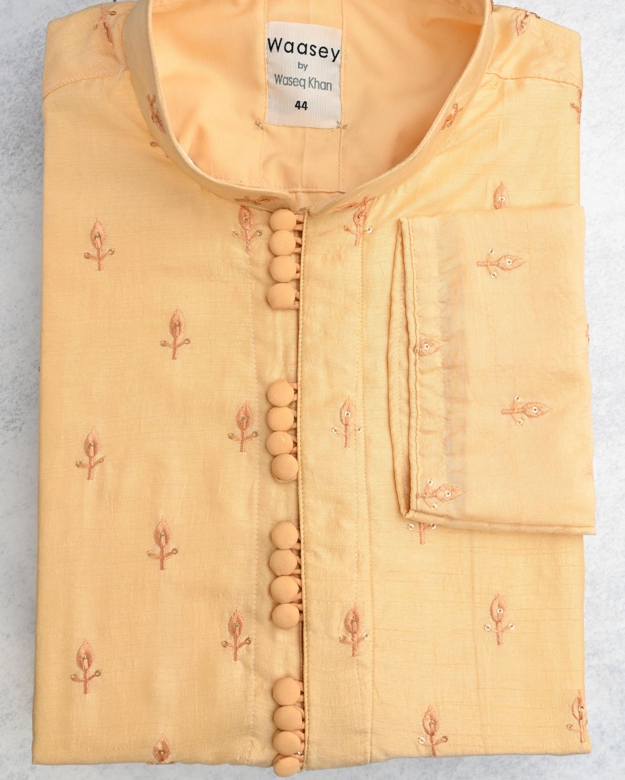 Peachy Yellow Panjabi with Decorative Detail